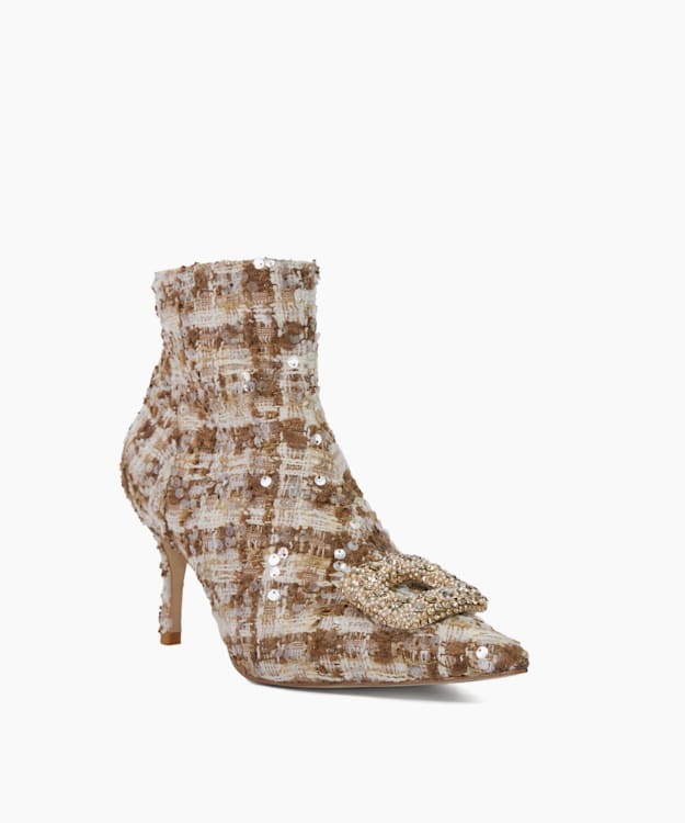 Dune London Opulance - Beige Textured Heel Diamante Buckle Ankle Boots