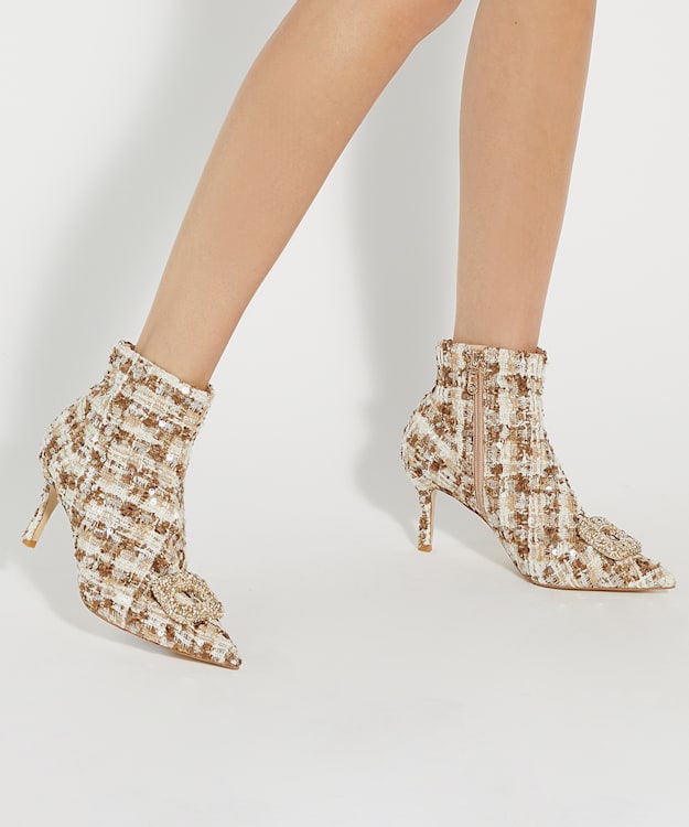 Dune London Opulance - Beige Textured Heel Diamante Buckle Ankle Boots