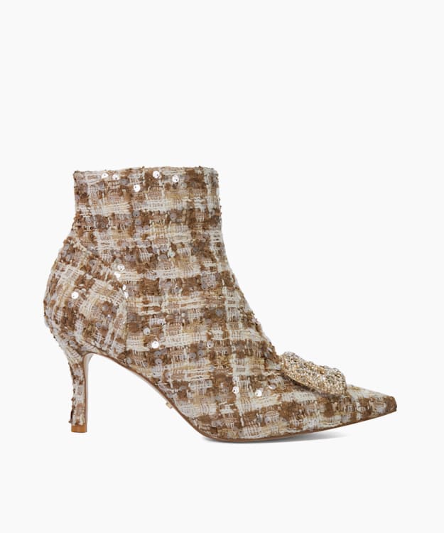 dune london Opulance - Beige Textured Heel Diamante Buckle Ankle Boots