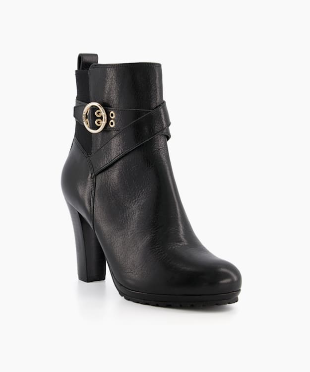Dune London Oreana - Black Leather Buckle-Strap Ankle Boots