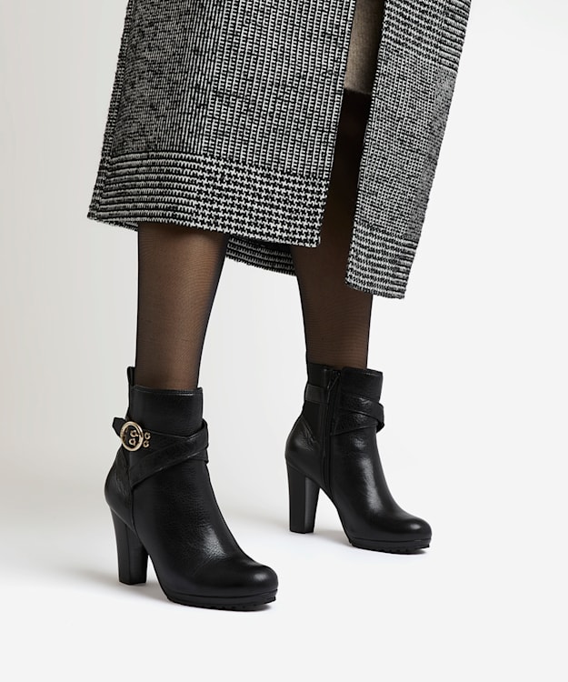 Dune London Oreana - Black Leather Buckle-Strap Ankle Boots