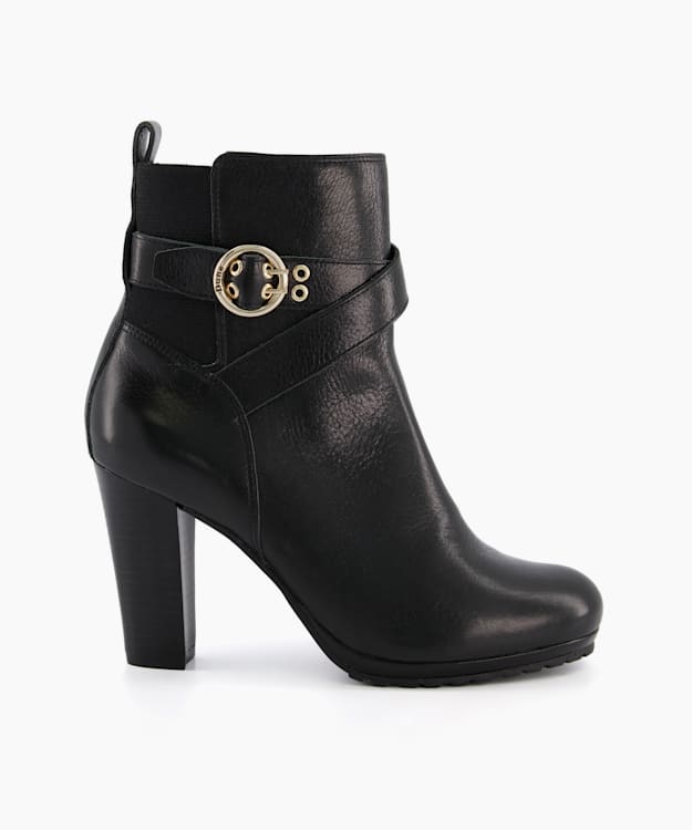 dune london Oreana - Black Leather Buckle-Strap Ankle Boots
