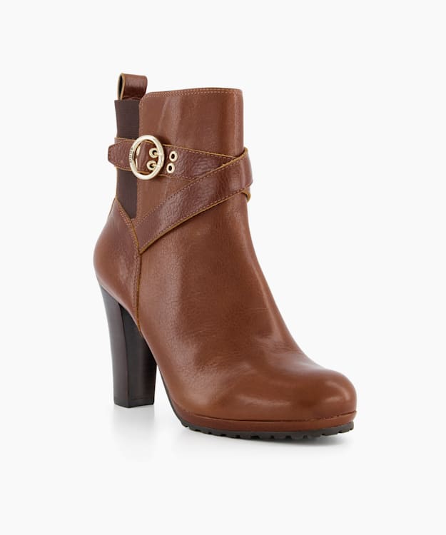 Dune London Oreana - Tan Leather Buckle-Strap Ankle Boots