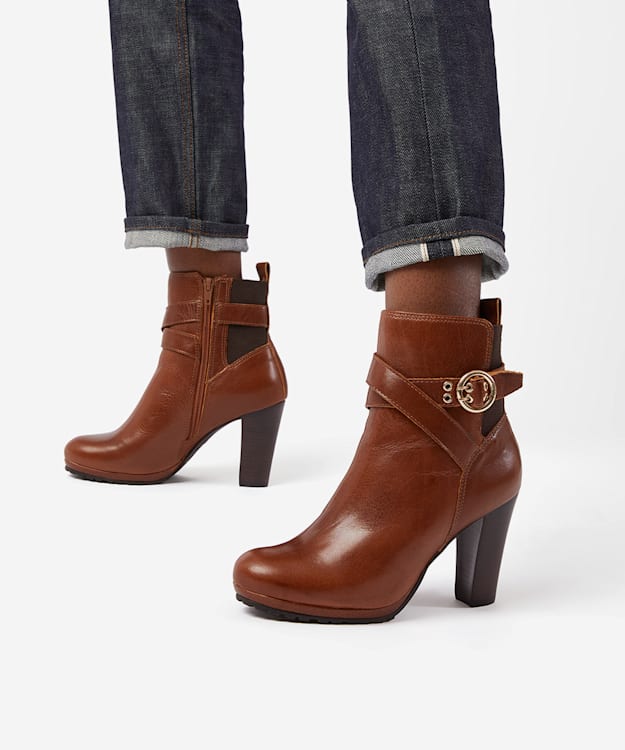 Dune London Oreana - Tan Leather Buckle-Strap Ankle Boots