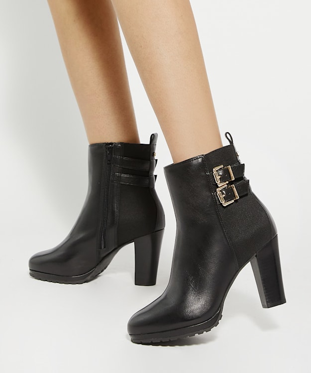 Dune London Oreanix - Black Double Buckle Block Heel Boots