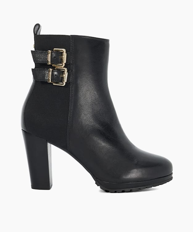 dune london Oreanix - Black Double Buckle Block Heel Boots