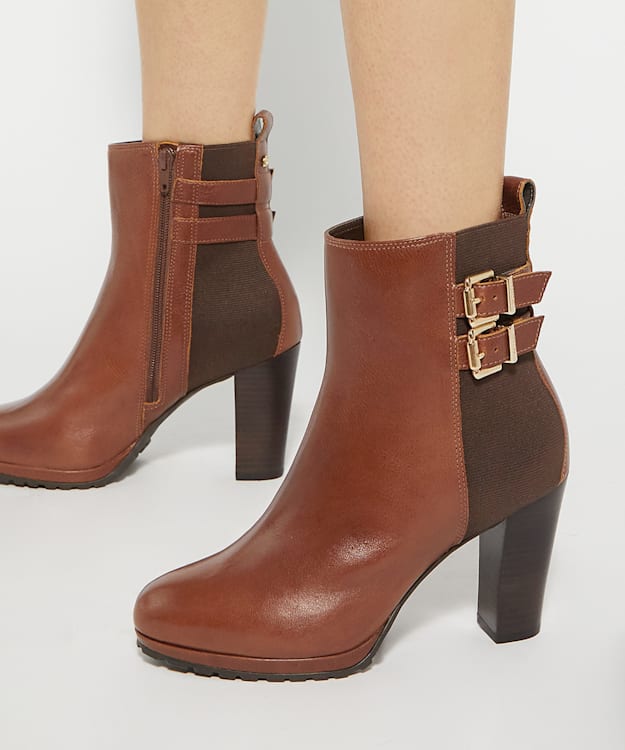 Dune London Oreanix - Tan Double Buckle Block Heel Boots