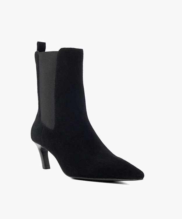 Dune London Orie - Black Suede Pointed Toe Slanted Heel Ankle Boots
