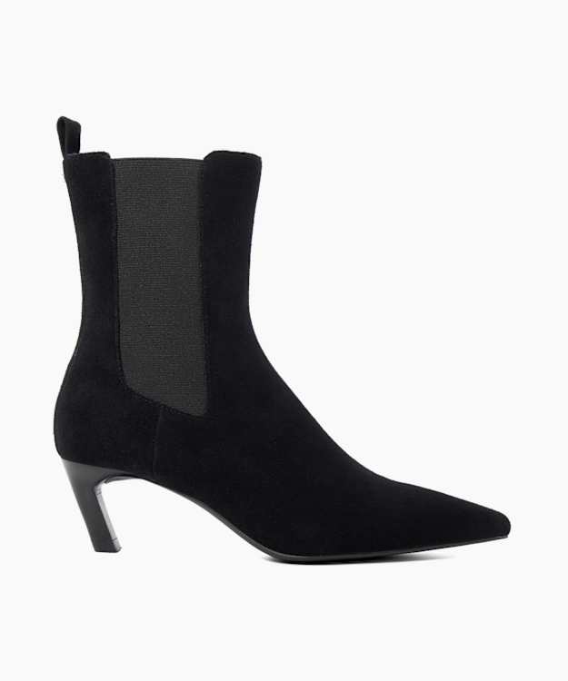 dune london Orie - Black Suede Pointed Toe Slanted Heel Ankle Boots