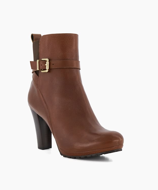 Dune London Orielle - Tan Buckle-Detail Leather Block-Heeled Ankle Boots