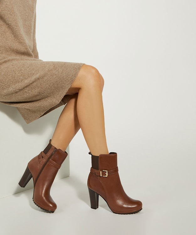 Dune London Orielle - Tan Buckle-Detail Leather Block-Heeled Ankle Boots