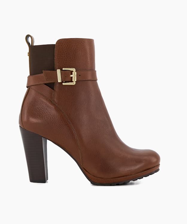 dune london Orielle - Tan Buckle-Detail Leather Block-Heeled Ankle Boots