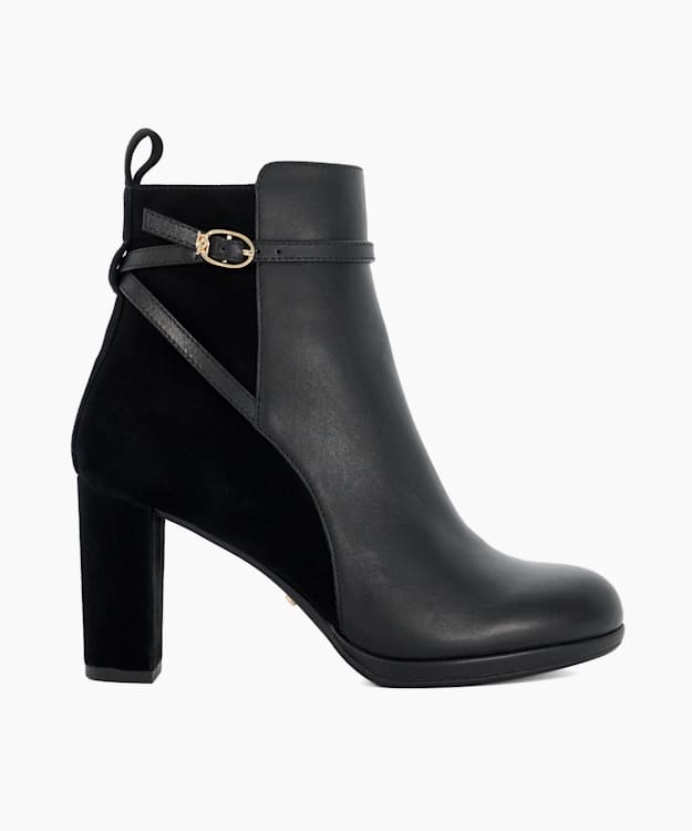dune london Ottara - Black Branded Buckle Heeled Ankle Boot