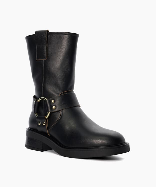 Dune London Pally - Black Buckle Detail Leather Ankle Boots