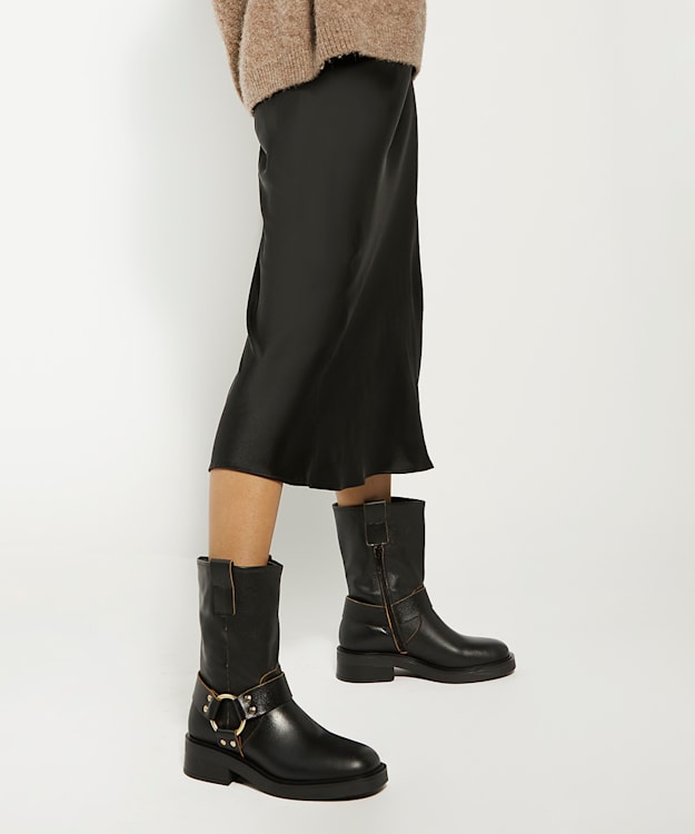Dune London Pally - Black Buckle Detail Leather Ankle Boots