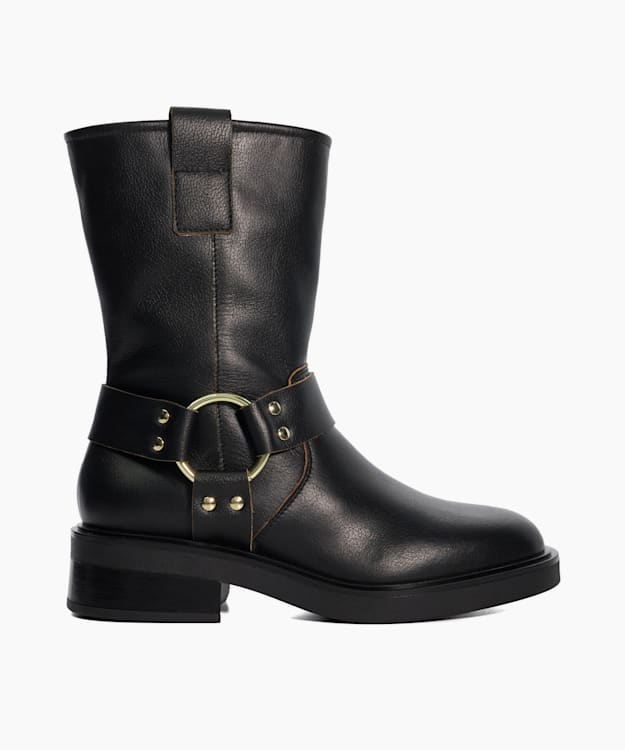 dune london Pally - Black Buckle Detail Leather Ankle Boots