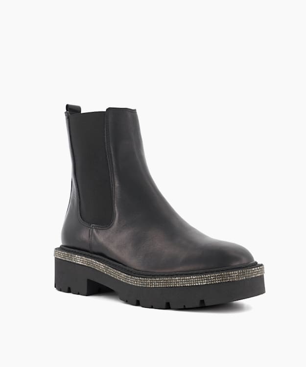 Dune London Panics - Black Diamante-Trim Leather Chelsea Boots