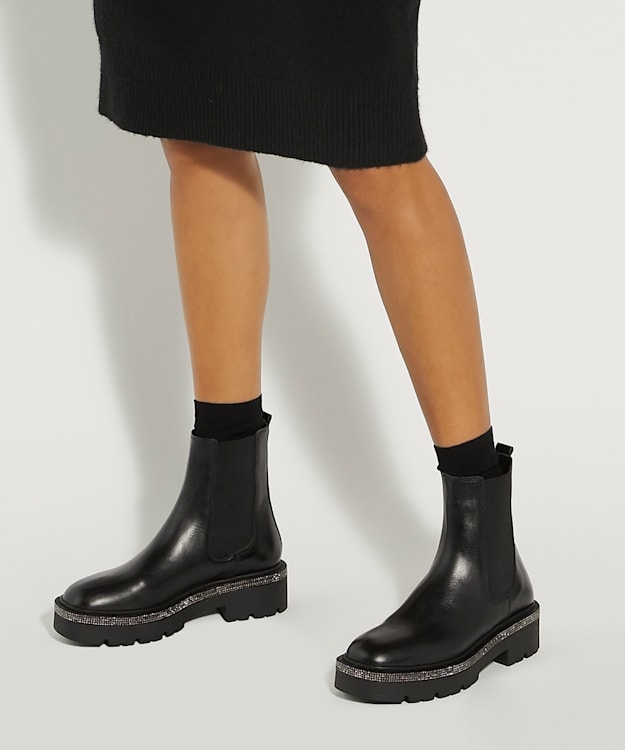 Dune London Panics - Black Diamante-Trim Leather Chelsea Boots