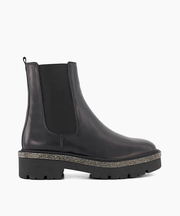 dune london Panics - Black Diamante-Trim Leather Chelsea Boots