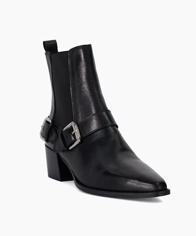 Dune London Panino - Black Leather Buckled Ankle Boots