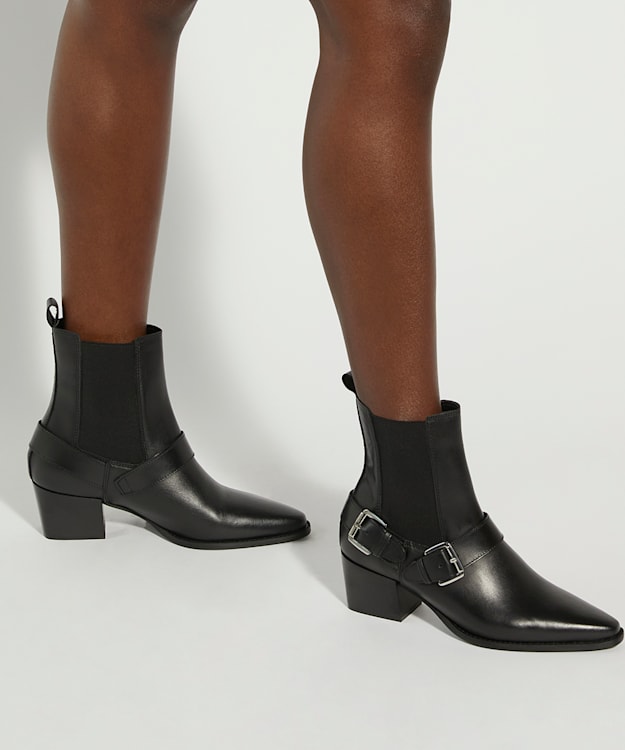 Dune London Panino - Black Leather Buckled Ankle Boots