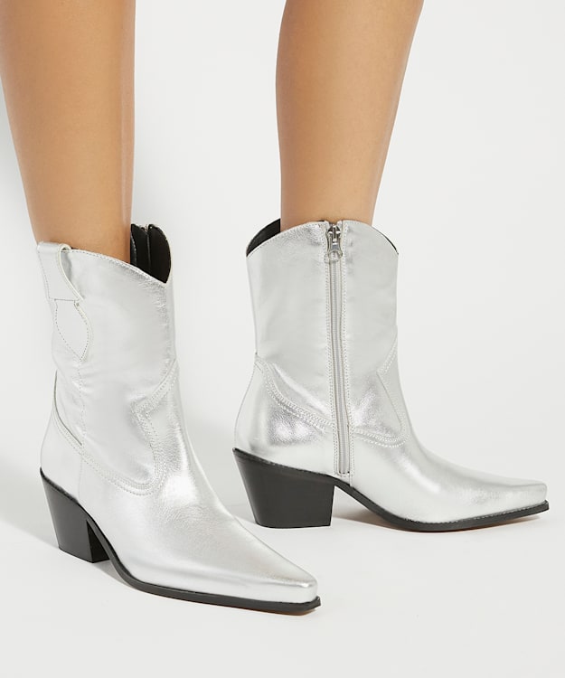 Dune London Pardner 2 - Silver Metallic Leather Western Boots