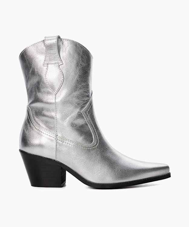dune london Pardner 2 - Silver Metallic Leather Western Boots