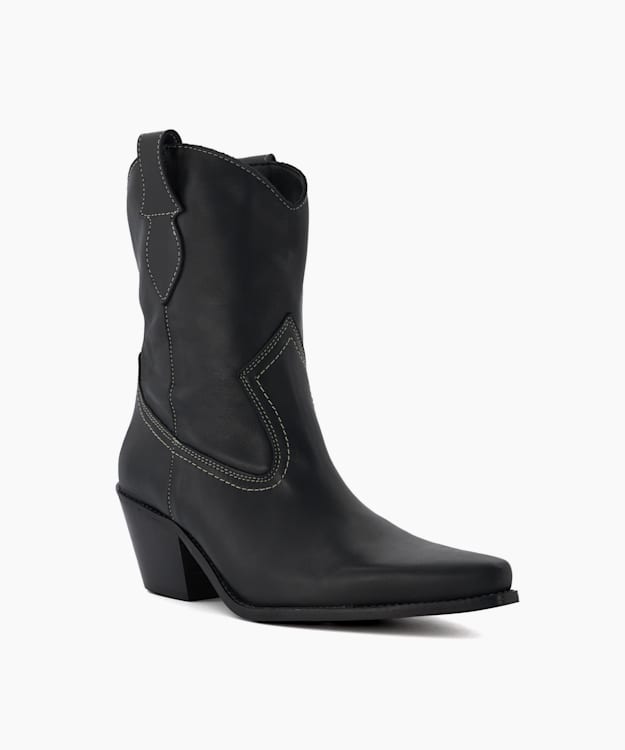Dune London Pardner - Black Leather Western Black Ankle Boots