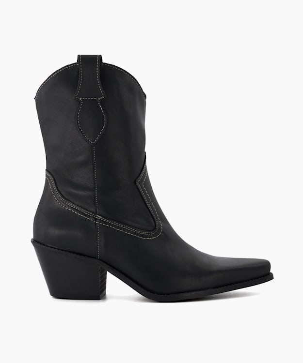 dune london Pardner - Black Leather Western Black Ankle Boots