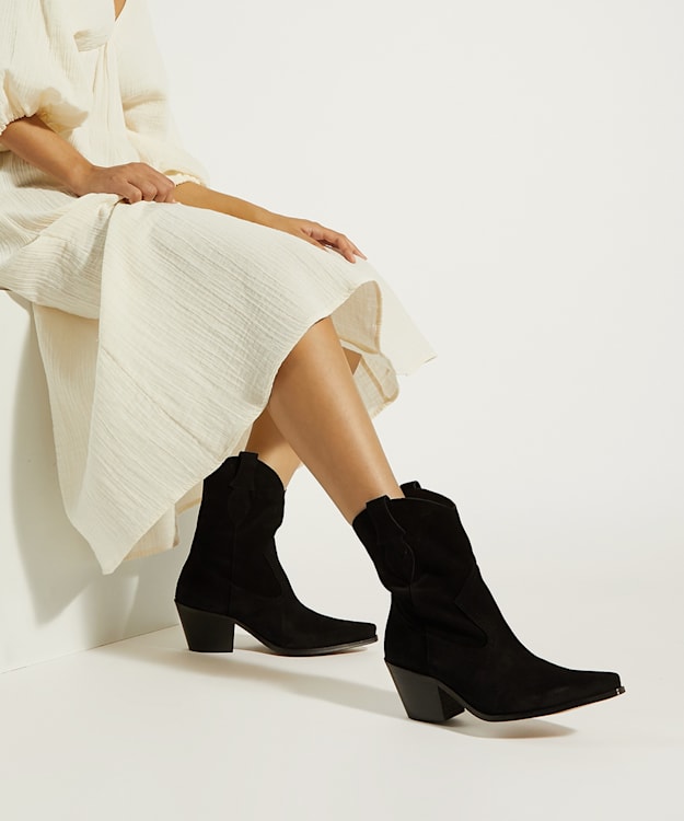 Dune London Pardner - Black Mid Length Suede Western Boots