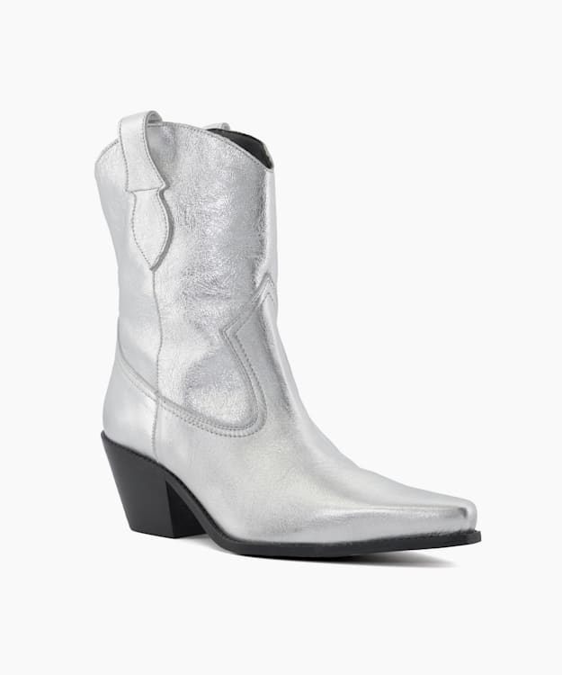 Dune London Pardner - Silver Metallic Leather Western Boots