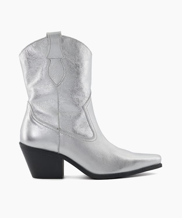 dune london Pardner - Silver Metallic Leather Western Boots