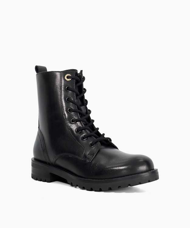 Dune London Partens - Black Leather Lace Up Chunky Biker Boots