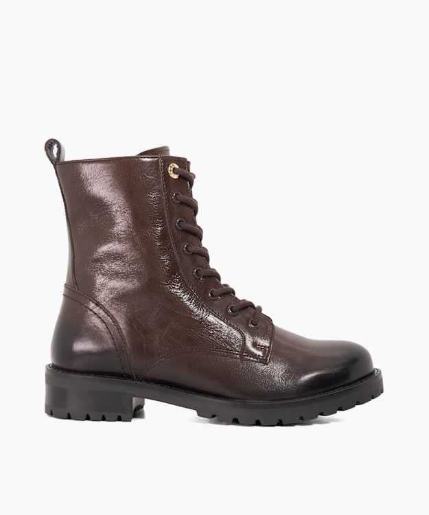 dune london Partens - Brown Leather Lace Up Chunky Biker Boots