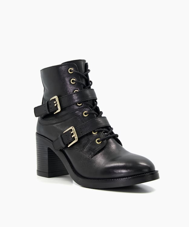 Dune London Passion - Black Buckle-Detail Leather Lace-Up Boots