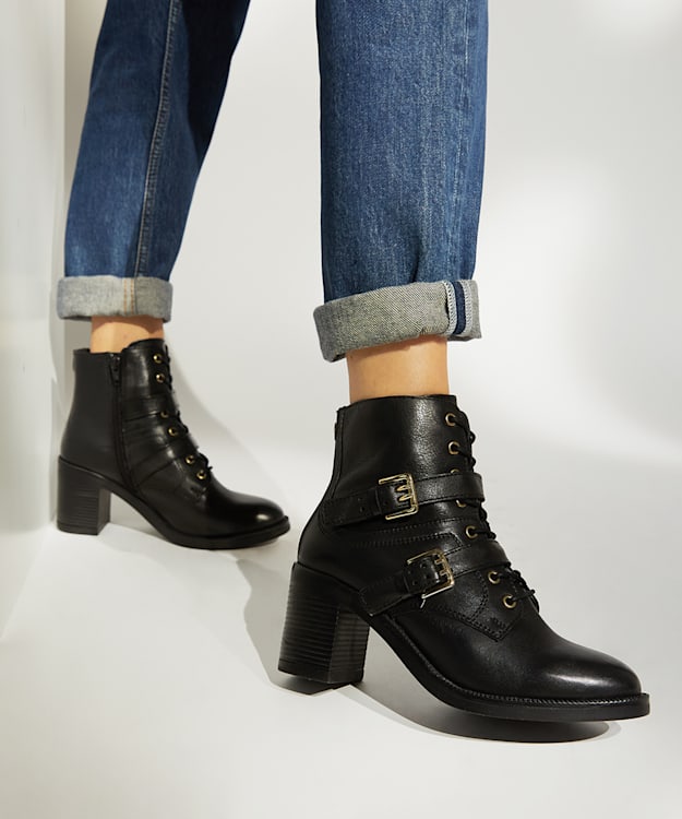 Dune London Passion - Black Buckle-Detail Leather Lace-Up Boots