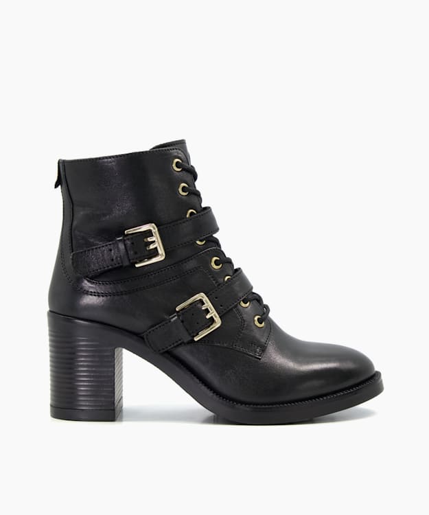 dune london Passion - Black Buckle-Detail Leather Lace-Up Boots