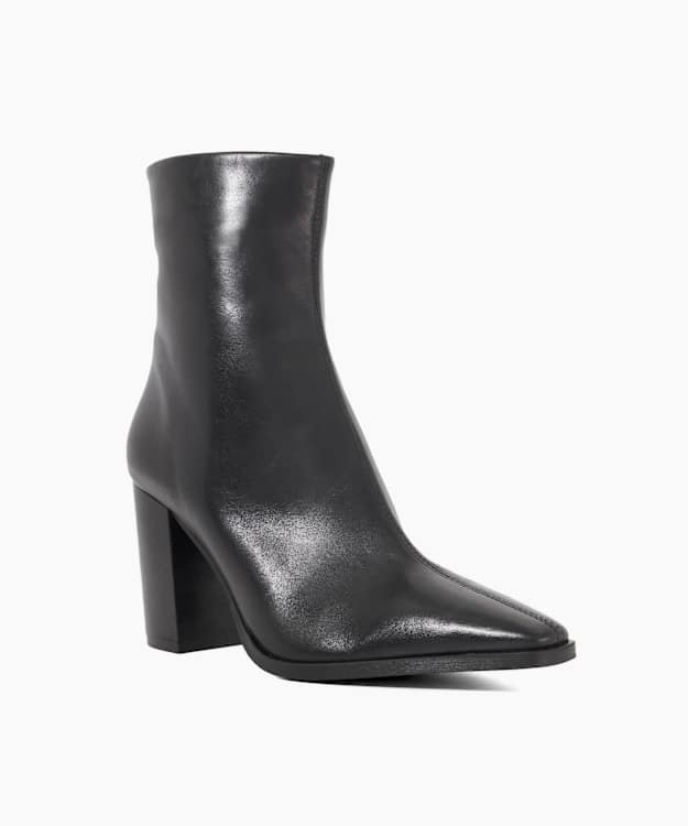 Dune London Patently - Black Chisel Toe High Block Heel Ankle Boots