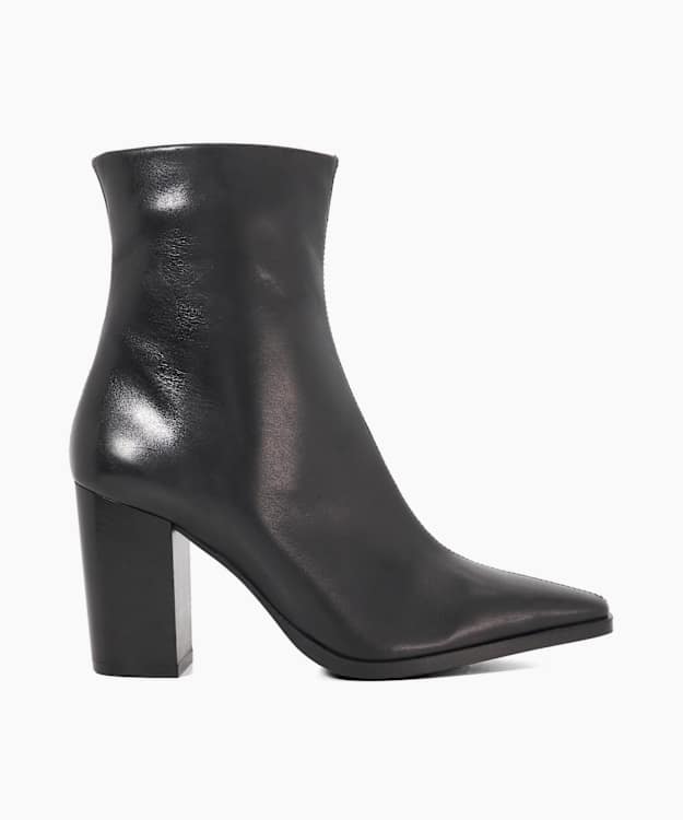 dune london Patently - Black Chisel Toe High Block Heel Ankle Boots