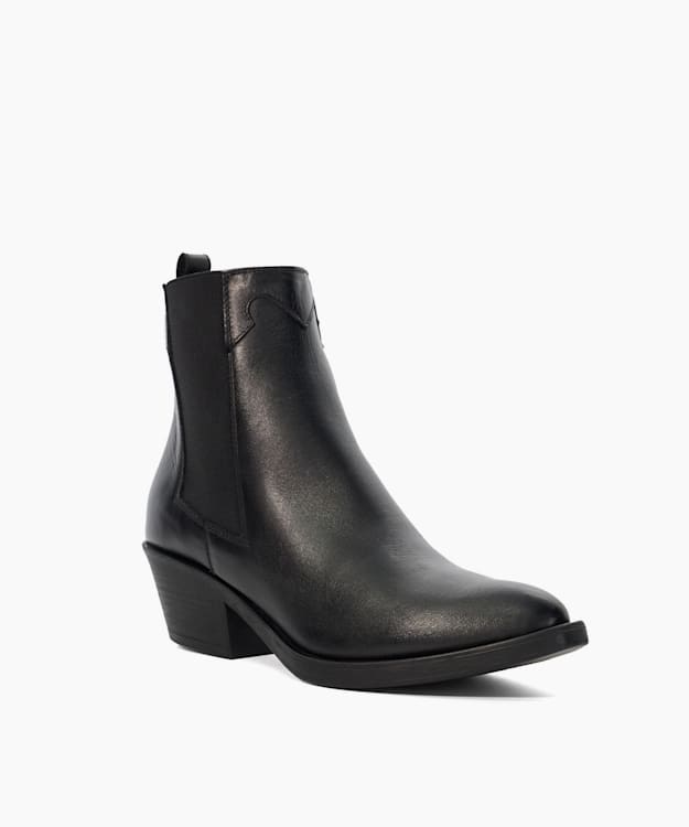Dune London Patoka - Black Leather Western Ankle Boots