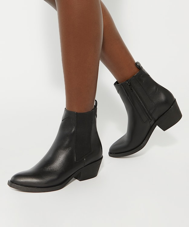 Dune London Patoka - Black Leather Western Ankle Boots