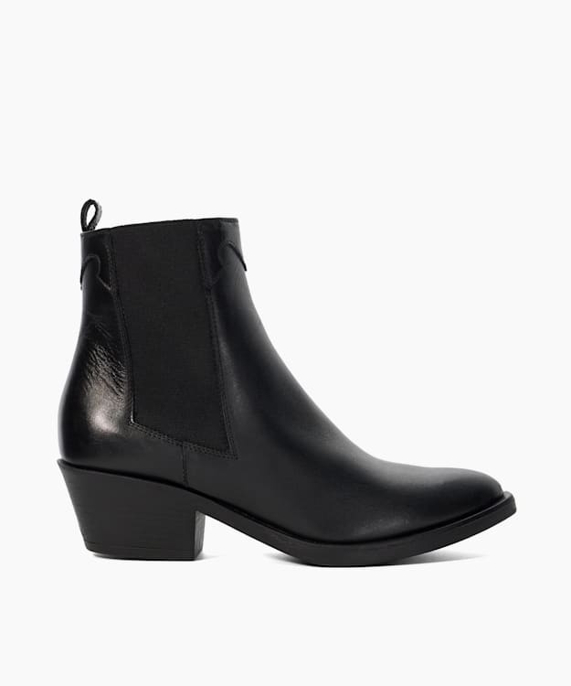 dune london Patoka - Black Leather Western Ankle Boots