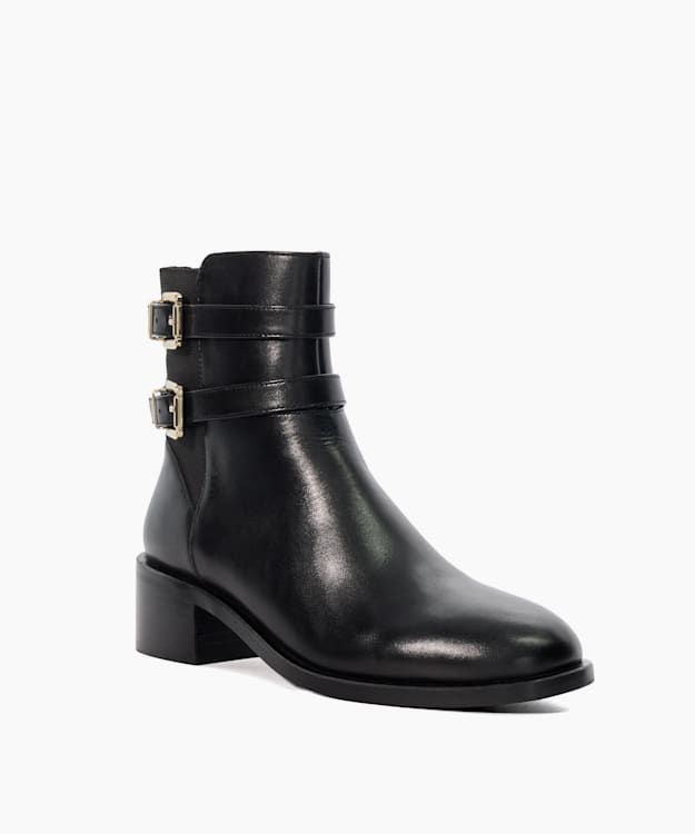 Dune London Patter - Black Leather Double Buckle Block Heel Boots