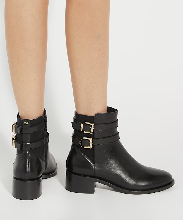 Dune London Patter - Black Leather Double Buckle Block Heel Boots