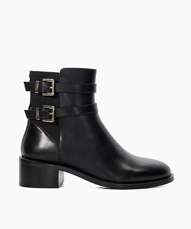 dune london Patter - Black Leather Double Buckle Block Heel Boots
