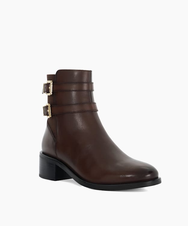 Dune London Patter - Brown Leather Double Buckle Block Heel Boots