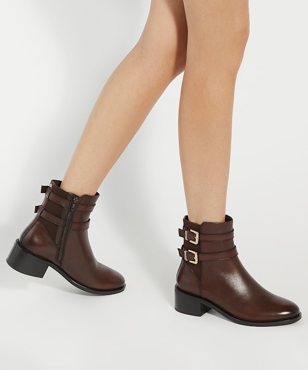 Dune London Patter - Brown Leather Double Buckle Block Heel Boots