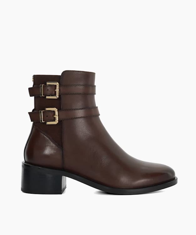 dune london Patter - Brown Leather Double Buckle Block Heel Boots