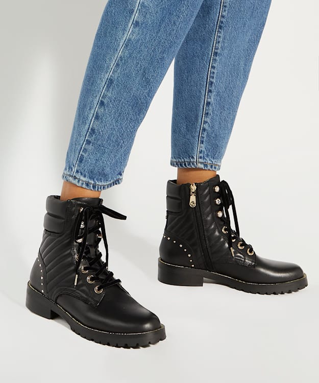 Dune London Pearlescent - Black Pearl Embellished Biker Boots