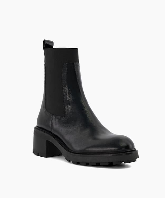 Dune London Perfect - Black Leather Block-Heeled Ankle Boots